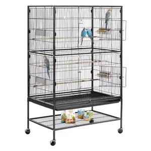Bird Cage 31.5 x 20.5 x 52 Inch Flat-Top Wrought Iron Flight Cage with Perches, Slide-Out Tray, Plastic Feeders and Casters for Parrots, Cockatiels, Canaries, Blue Tits, Monk Parakeets - Durable Indoor/Outdoor Use
