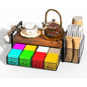 Tea Bag Organizer, Wood Tea Organizers and Storage Chest, Tea Bag Holder with Storage Drawer, 4 Hooks for Tea Cups Holder, Tea Station Chest Display Container Box for Countertop Kitchen, Rustic Brown
