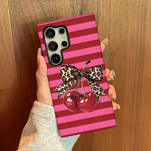 Creative and Simple Red Striped Cherry Leopard Pattern Design Glossy Two-in-One Shockproof Phone Case,for Samsung Galaxy S21 S22 S23 FE S24 Plus S25 ULTRA FE EDGE Plus A55 56 54 53 52 36 35 34 26 25 23 16 15 14 13 06 Phone Cases