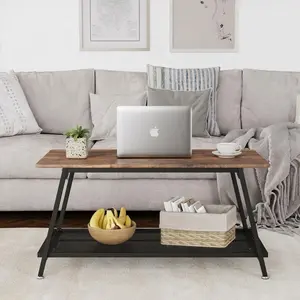 Rustic Coffee Table, Industrial 2-Tier Coffee Table with Storage Shelf, Retro Color Rectangular Center Table with Storage Shelf, Iron and MDF Cocktail Table for Home Office Apartment