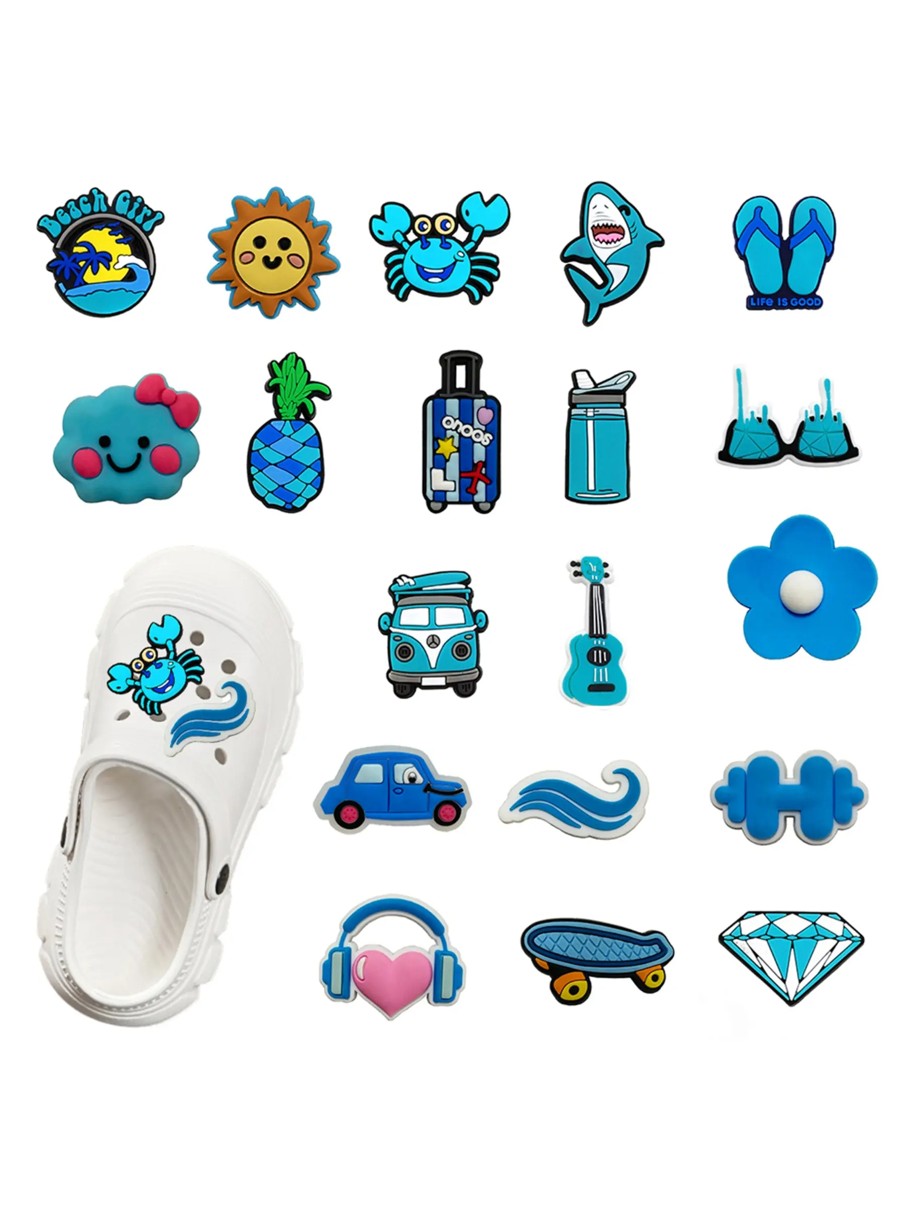 19pcs Blue Ocean Animal Beach Vacation Shoe Accessories, Colorful PVC Sandal Decorations, Fun and Fashionable for Bags, Slippers, and Shoes