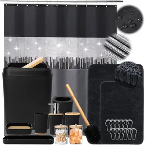 Bathroom Sets with Shower Curtain and Rugs,24PCS Black Bathroom Set Shower Curtain Set with Bathroom Trash Can Bathroom Accessories