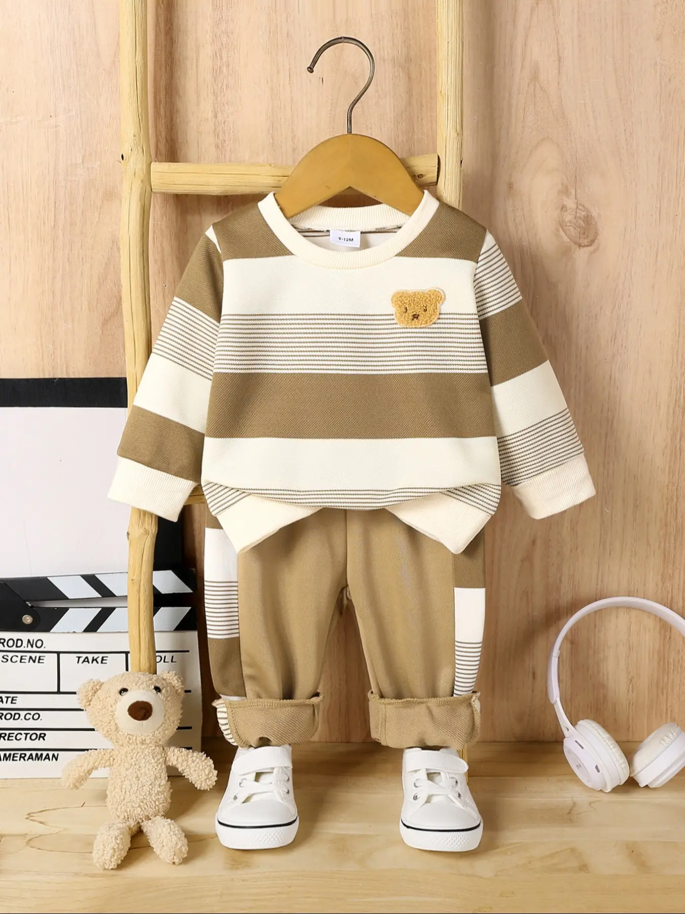 Baby Boys' Bear Patch Striped Long Sleeve Sweatshirt & Pants Set, Casual Fashion Cozy Outfit for Fall & Winter, Ideal Gift, Baby Boy's Clothes for Daily Wear and Outdoor Activities, Baby Clothing, Newborn Clothes