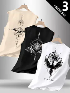 Men's Trendy Geometric Print Round Neck Sleeveless Vest Set, Casual Comfortable Top, Perfect for Summer Outdoor Fitness Wear
