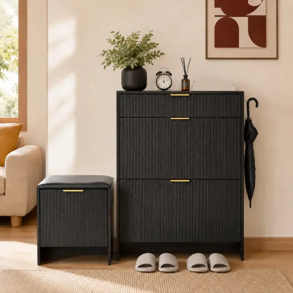 Minimalist Fluted Shoe Storage Cabinet Set with Padded Bench, Adjustable Flip-Drawer Shoe Organizer Racks with Gold Handles for Entryway, Hallway