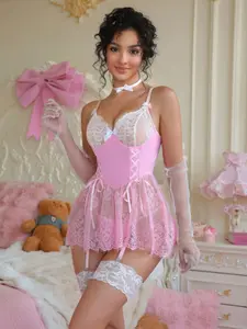 Women's Sexy Lingerie Set 3 Pieces, Lace Bra Sleepwear with Mesh Gloves, Leg Decorative Accessories, Perfect Gift for Holidays