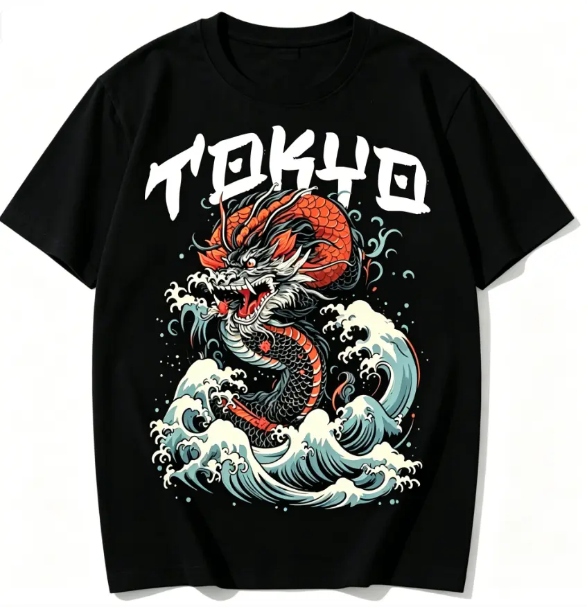 Women's Tokyo Oriental Dragon Great Wave Cotton Streetwear T-Shirt - Asian Culture Crew Neck Short Sleeve Casual Tee