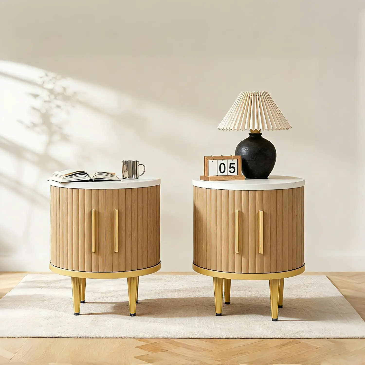 Fluted Nightstand Set of 2, Small Modern Side Table with Faux Marble Top and Metal Handle, Boho Bedside End Table with Sliding Door and Curved Corners for Bedroom,Living Room, Natural Oak