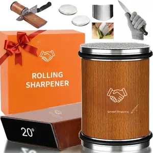 Rolling  Sharpener Kit - Tumbler  Sharpening System with  Discs, 15? & 20?  Angle, Wooden Handle, Glove & Finger Guard -  Sharpener Roller for Kitchen  (Brown)