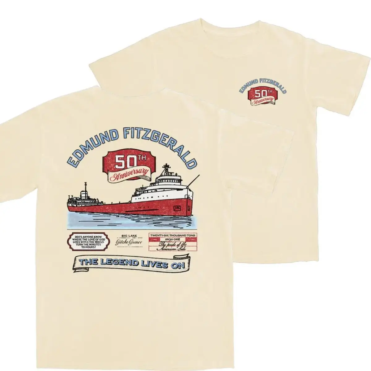 Edmund Fitzgerald 50th Anniversary T-Shirt – Featuring Iconic Freighter Illustration, Historical Tribute Text, and "The Legend Lives On" Graphic for Maritime History & Nautical Enthusiasts, Menswear Top Streetwear Casual