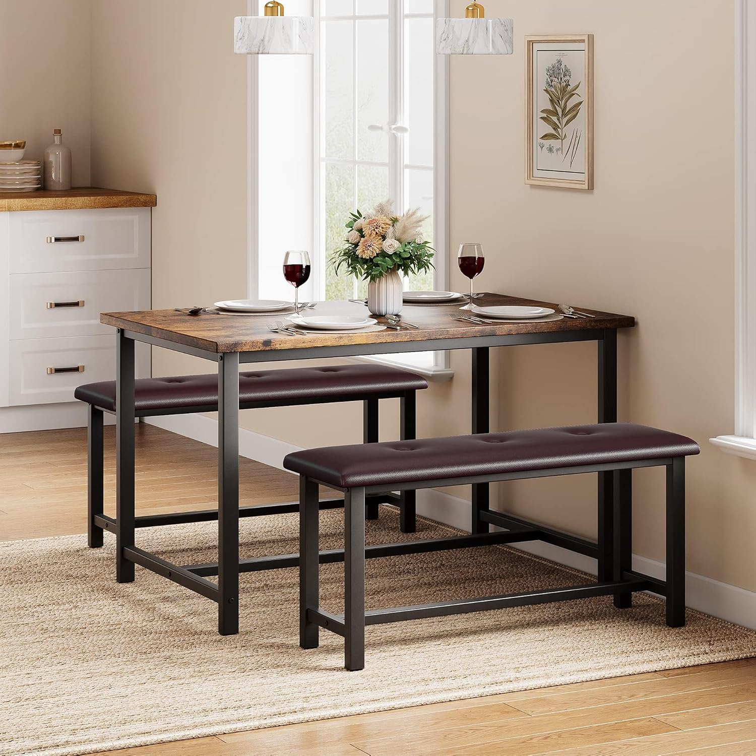 3-Piece Dining Table Set with Upholstered Benches, Space-Saving Kitchen Table Set for 4, Rectangular Dining Room Table for Apartment Small Space, Easy to Clean & Assemble, Rustic Brown