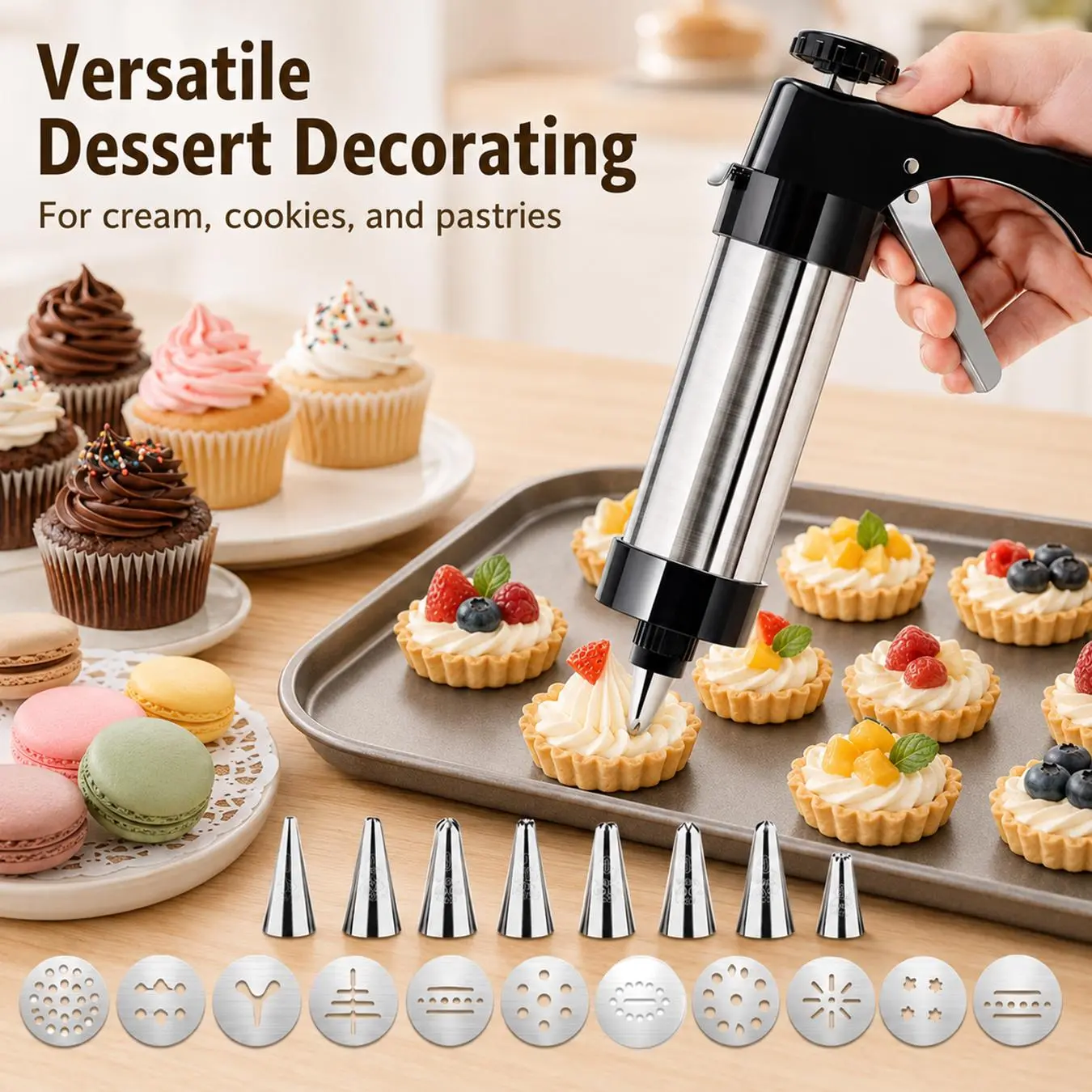 Stainless Steel Cookies Press Set,  Cookie Press Gun Kit with 13 Cookie Discs, 8 Piping Tips, Baking Cookie Maker, Icing Decorating Gun,Effortless Cake Maker​,Kitchen Baking Supplies,for DIY Biscuit/Cake Maker and Decorating Baking Supplies