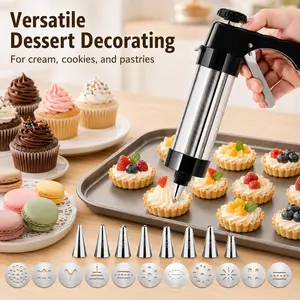Stainless Steel Cookies Press Set,  Cookie Press Gun Kit with 13 Cookie Discs, 8 Piping Tips, Baking Cookie Maker, Icing Decorating Gun,Effortless Cake Maker​,Kitchen Baking Supplies,for DIY Biscuit/Cake Maker and Decorating Baking Supplies