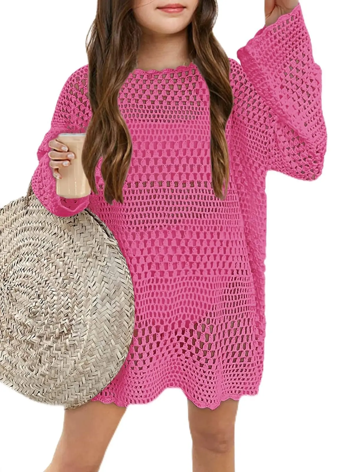 Girls Crochet Long Sleeve Swimsuit Cover Up Kids Fashion Hollow Out Swimwear Beach Dress 5-14 Years