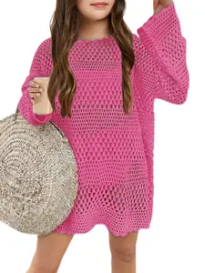 Girls Crochet Long Sleeve Swimsuit Cover Up Kids Fashion Hollow Out Swimwear Beach Dress 5-14 Years