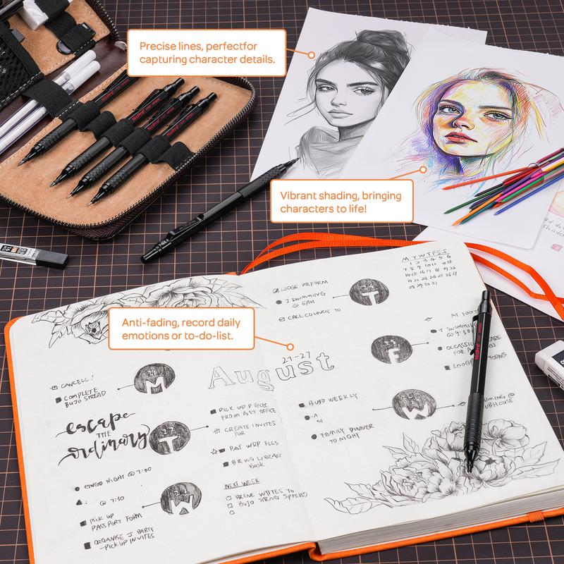 Nicpro 5 Pack Black Art Mechanical Pencil Set, Metal Drafting Pencils 0.3, 0.5, 0.7, 0.9, 2mm Graphite Lead Holder (4B 2B HB 2H Colored) For Writing Sketching Drawing With 9 Lead Refills Eraser Case