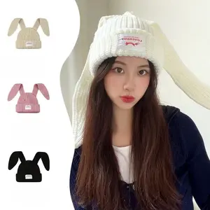 Korean Style Sweet and Cute Long Rabbit Ear Yarn Hat for Women and Men - Autumn and Winter Warm Ear Protection Knitted Cap