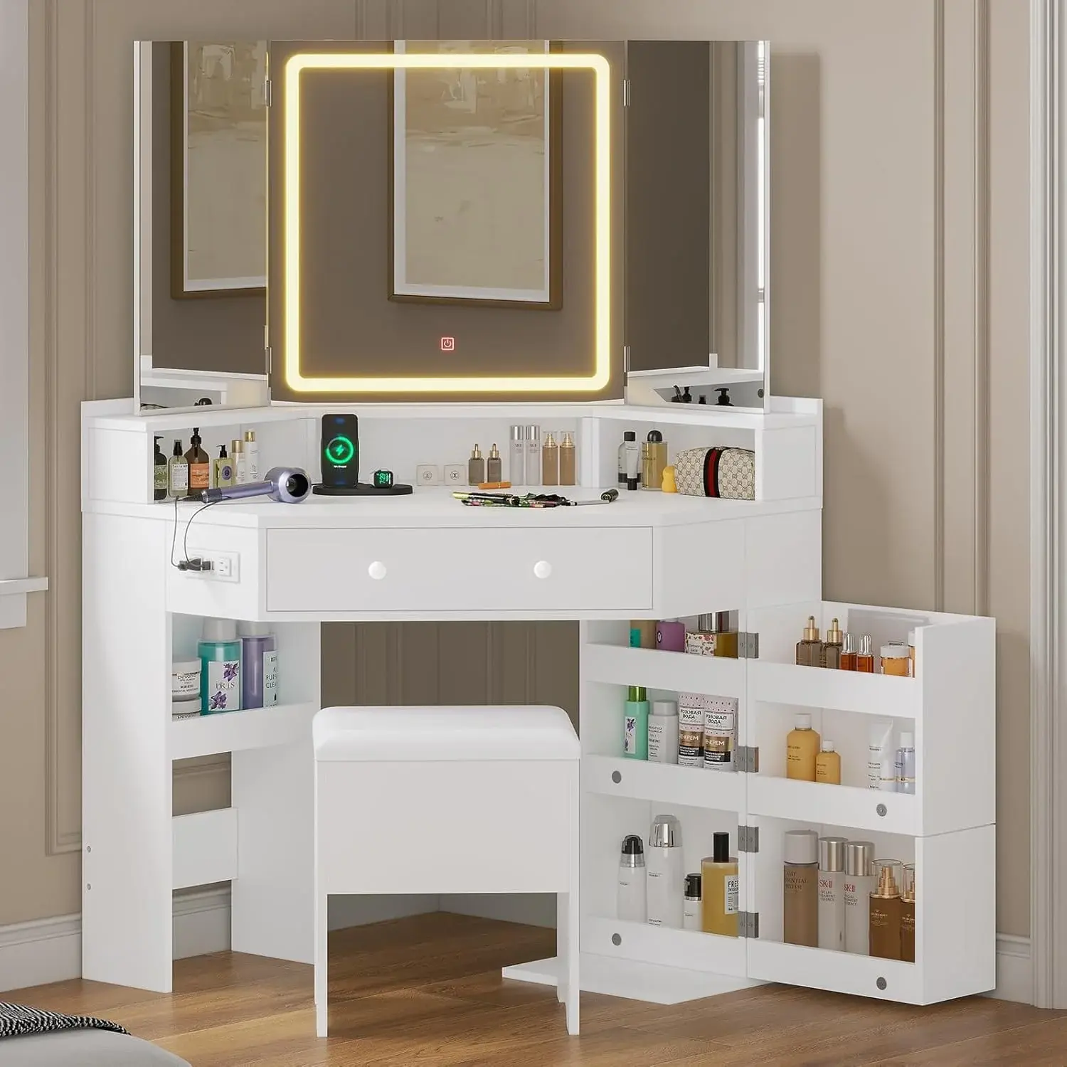 SIKAIC Corner Makeup Vanity Set - Tri-Fold LED Mirror, Stool Included, White Corner Shape Vanity with Mirror and Storage Drawers