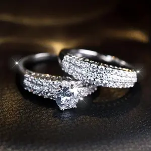 Moissanite Engagement Ring Set Luxury Bridal Ring Set with Stackable Wedding Band CZ Diamond Ring Set 2-Piece Elegant Stacking Rings - Paved Shining Zirconia Engagement/Wedding Rings - silvery golden Options - Luxury Jewelry Dupes