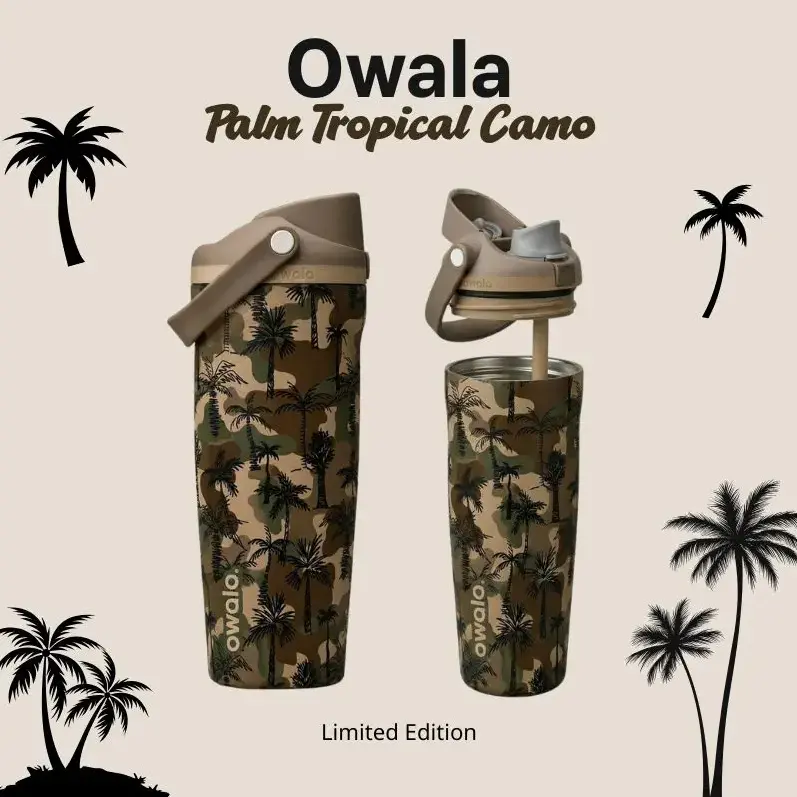 Owala Limited Edition Palm Tropical Camo 30oz Freesip Sway Vacuum Insulated Tumbler - 24-hour Insulation, Lockable Lid, Ideal for Travel, Gift For Him