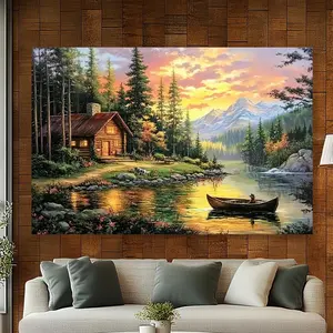 1pc Rustic Wooden House & Lake Scene Wall Tapestry, Polyester Fabric, Seasonal Nature Backdrop for Home Decor, Studio, Event Venue, All-Season Holiday Wall Art, No Electricity Needed