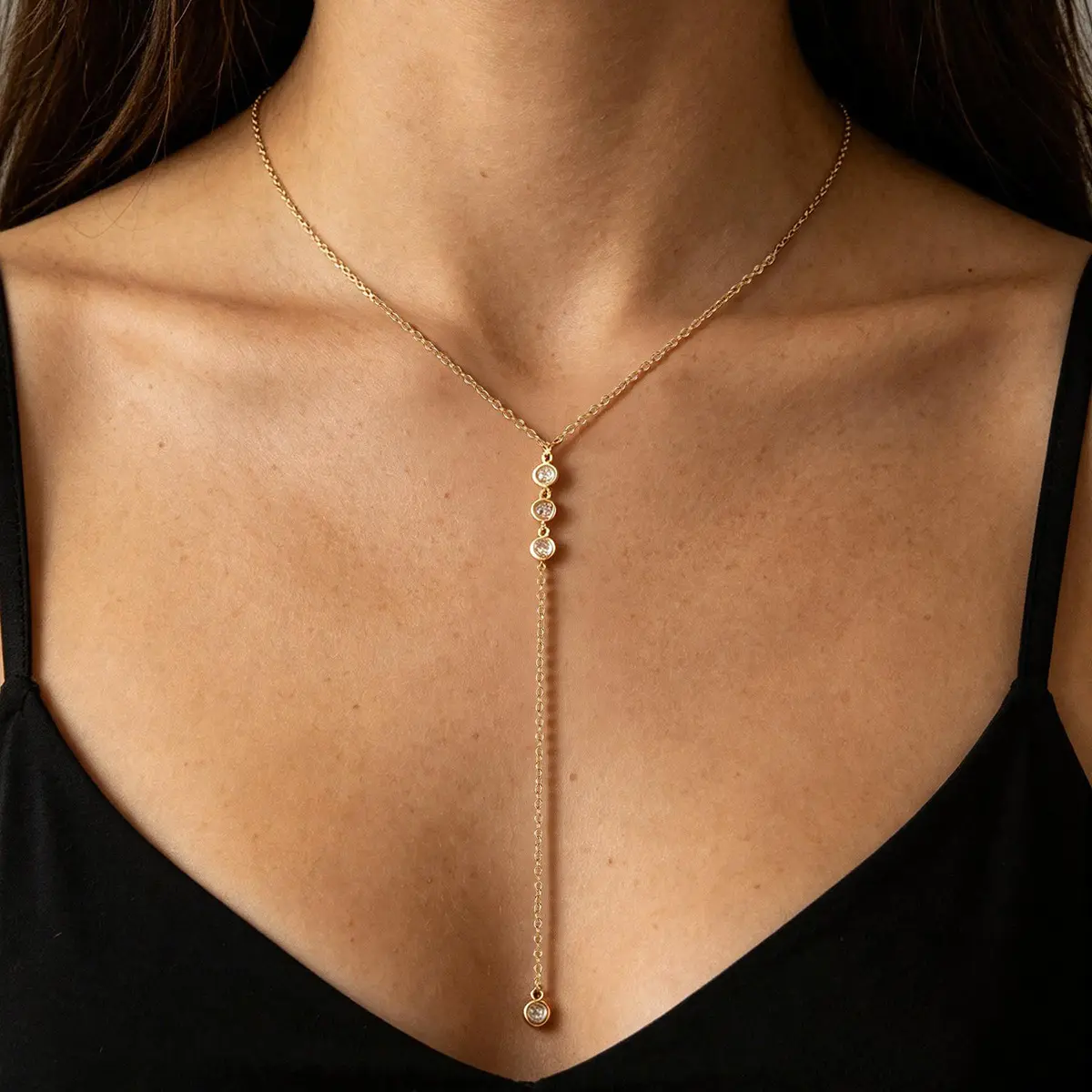 Gold Lariat Necklace for Women – 14K Gold Plated Cubic Zirconia Drop Necklace, Y Shaped Long Layered Necklace, Non Tarnish Waterproof Jewelry Beautiful Elegant Gift for Her