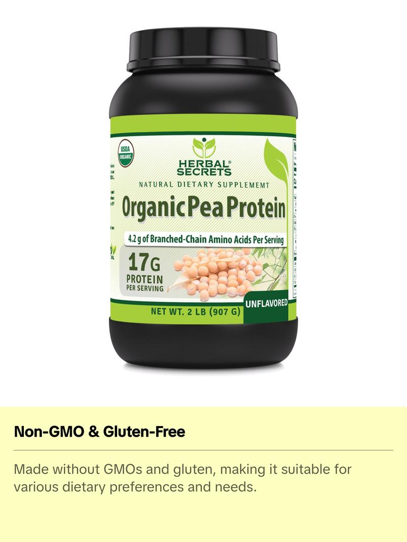 Herbal Secrets USDA Organic Pea Protein Powder | 2 Lb. | 17 Grams Protein per Serving | 34 Servings | Non-GMO | Gluten-Free | Made in USA