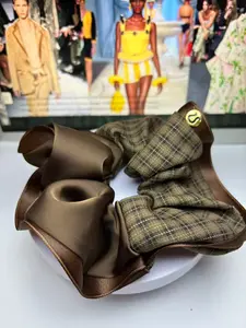 2pcs 16cm Over size Plaid, Unique Pattern Satin Pleated Scrunchies, Jointed Pattern Cloth Patchwork Color block Hair Scrunchies British Style French Style Fabric Braided Headband Ponytail Holder for Women Girlfriend Gift