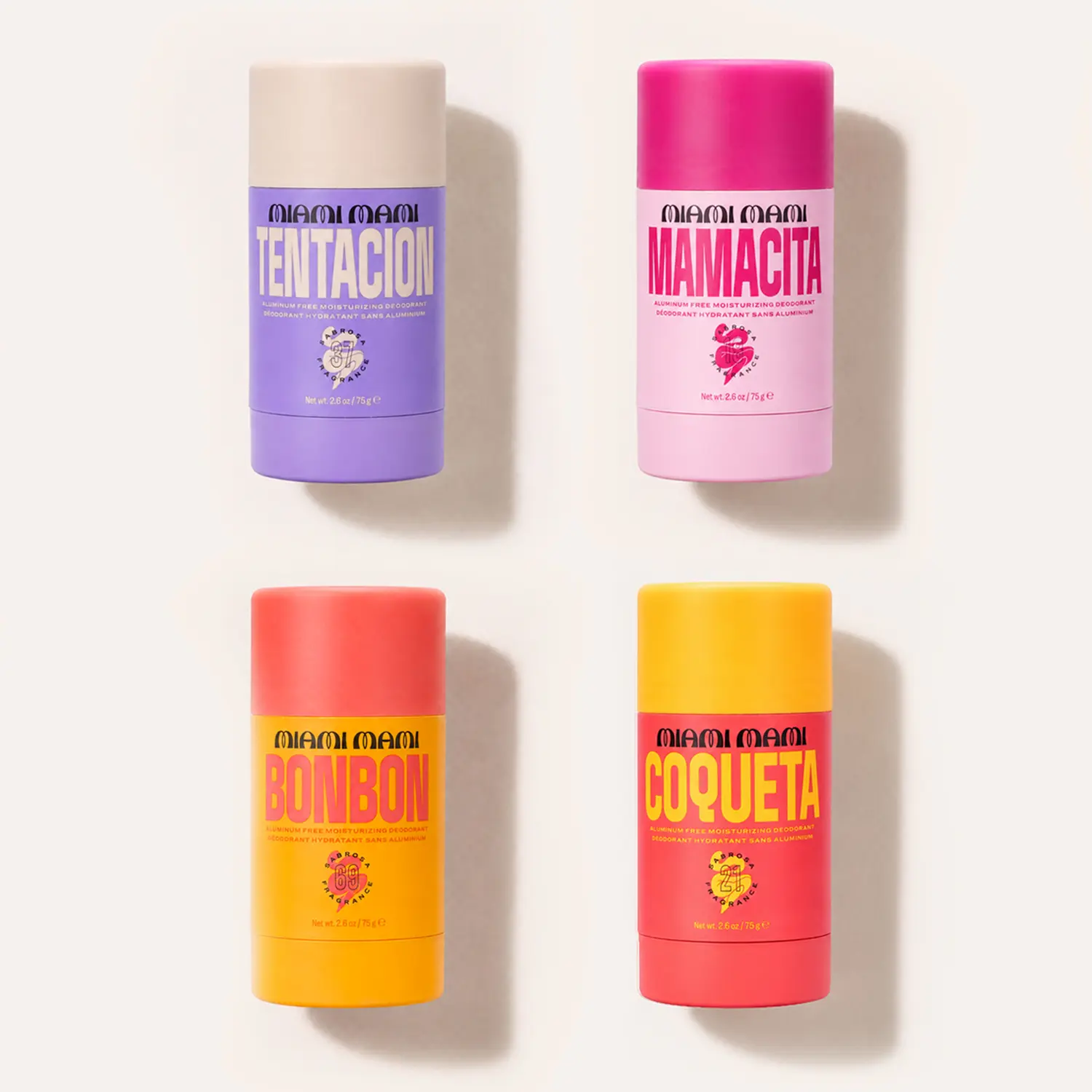 Miami Mami 4 Scents Women's Deodorant Stick Collection - Bonbon, Mamacita, Tentacion & Coqueta - Fruity Floral, Vanilla & Gourmand Scents - 2.6 oz / 75g - Pistachio, Caramel, Tropical Fruit, Violet, Plum & Vanilla - Everyday Fragrance - Great Value
