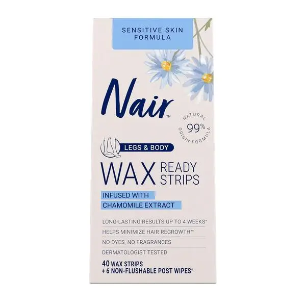 Nair Sensitive Hair Remover Mess-Free Wax Ready Strips, Legs and Body Easy Hair Removal Wax Strips for Sensitive Skin, Chamomile Extract, Dermatologist Tested, Plus 6 Post Wipes, 40 Count
