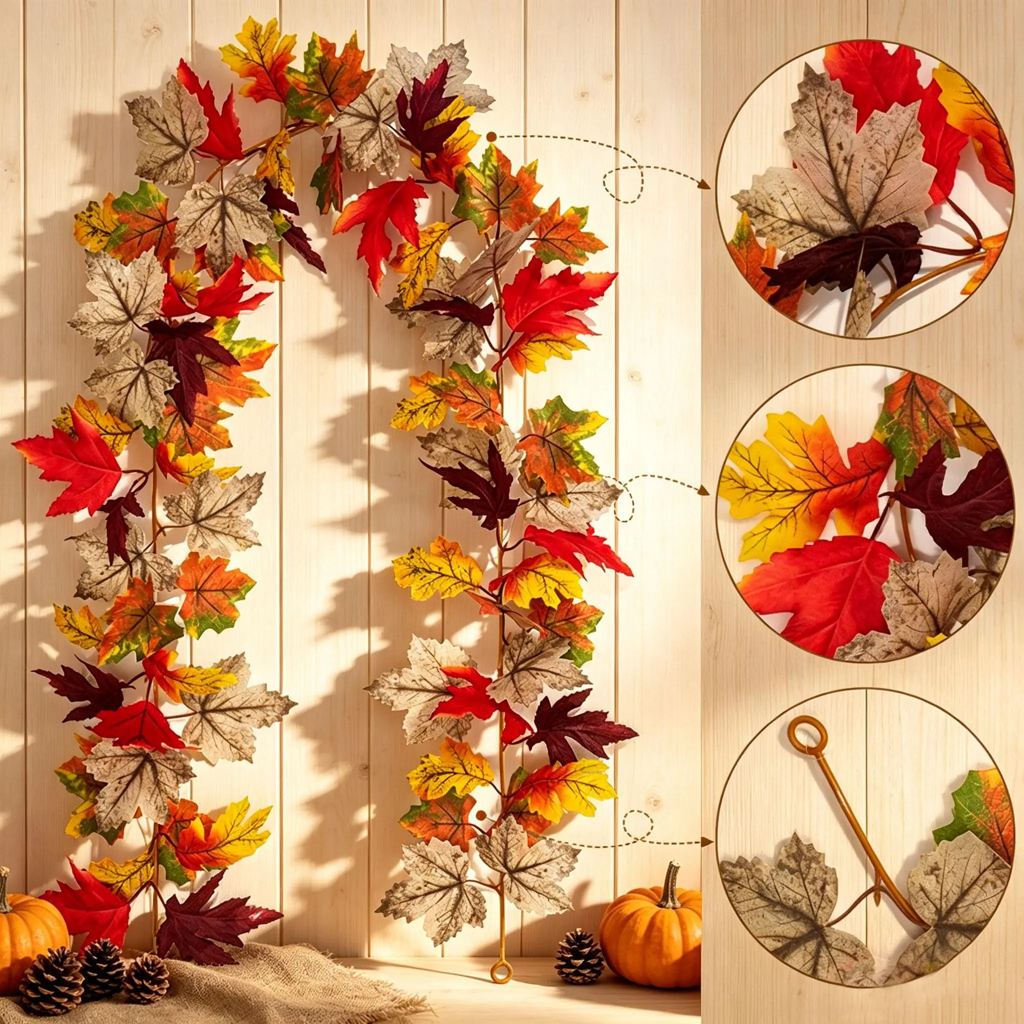 Artificial Fall Maple Leaf Garland - Weatherproof Vine Form Fall Decor for Home, Halloween Decorations, Thanksgiving Hanging Decor for Farmhouse Front Porch Wall Door Fireplace Indoor Outdoor Use