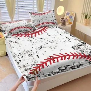 Baseball Theme Fitted Sheet Set & 2 Pillowcases No Core, Distressed Black-White Textured Background with Iconic Red Stitching Design, Soft Non-Slip Wrinkle-Resistant, Vintage Sports Style Bedroom Decor Gift Choice
