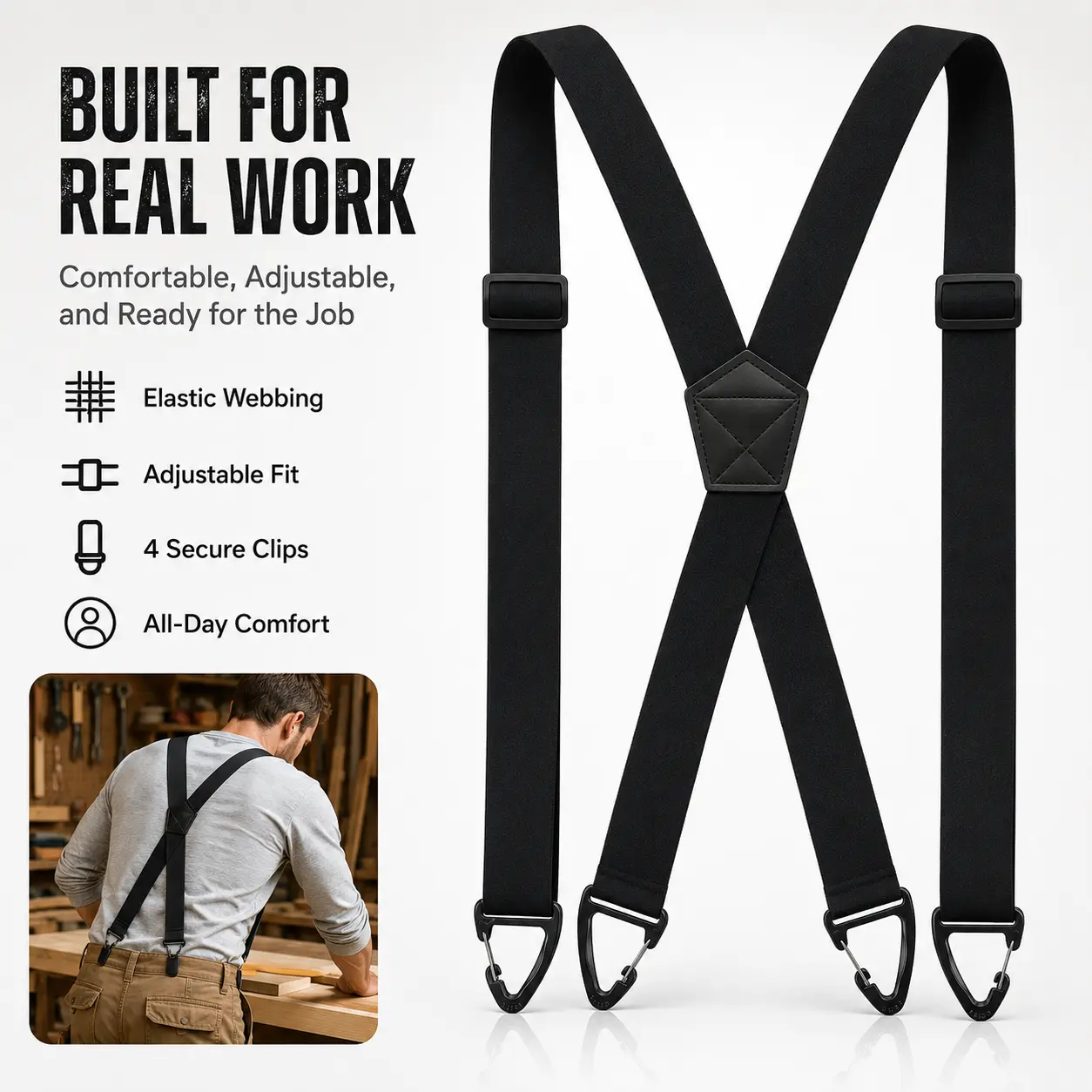 Unisex Hidden Suspenders for Under Clothes, Heavy-Duty X-Back Polyester Band with Plastic Clip Hooks & Reinforced Patch, 1.5-in Wide