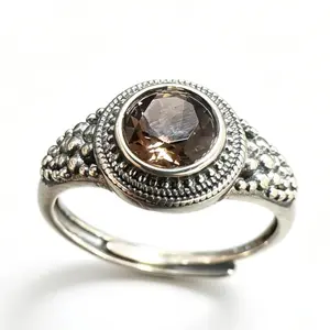 Vintage 925 Silver Smoky Quartz Bezel Adjustable Ring