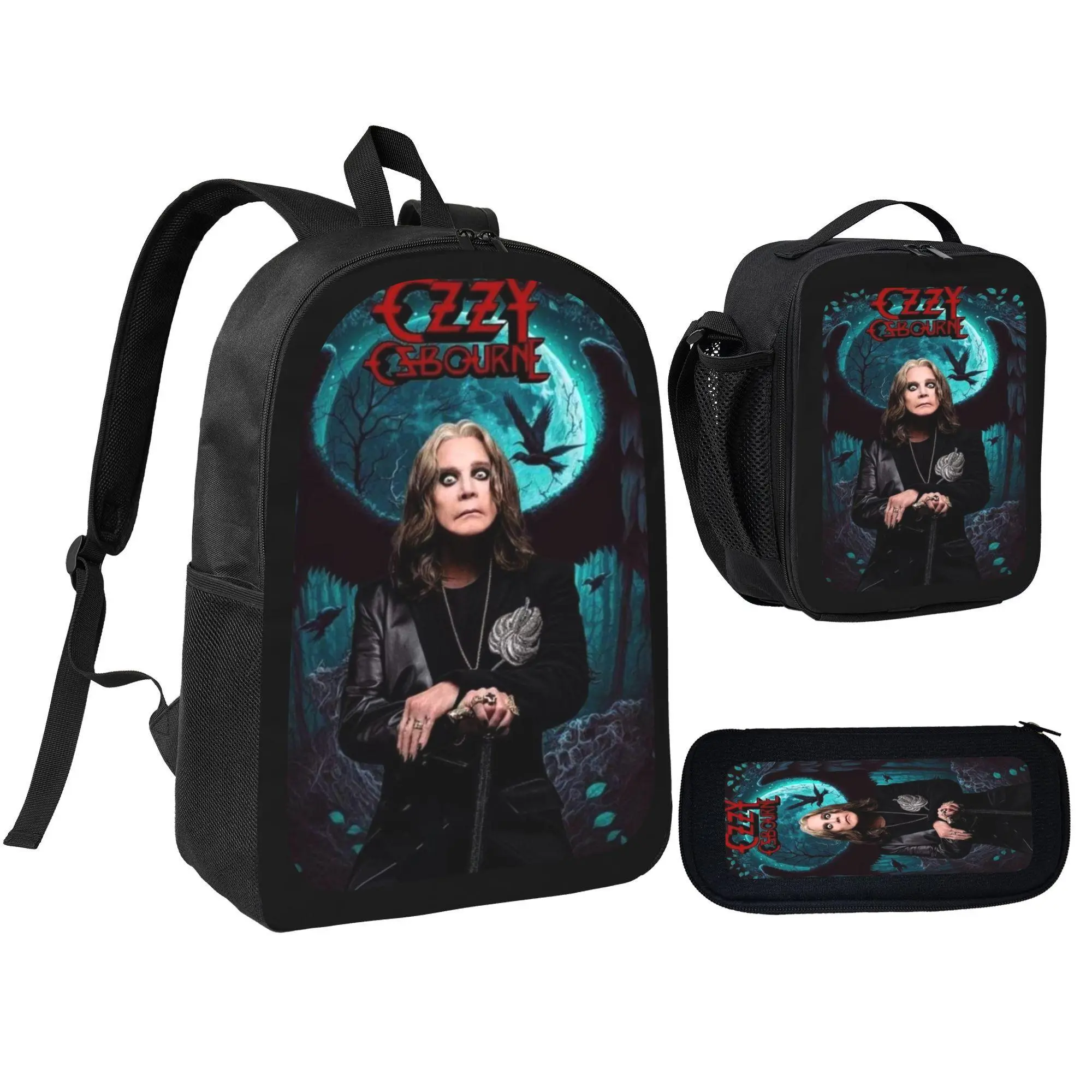 [3Pcs Polyester Backpack Set] Ozzy Osbourne Gothic Rock Star Moon Bat Print School Bag, Adjustable Multi-Pockets Lunch Bag & Pencil Pouch, Prop 65 Safe for Teens Concert Daily Use