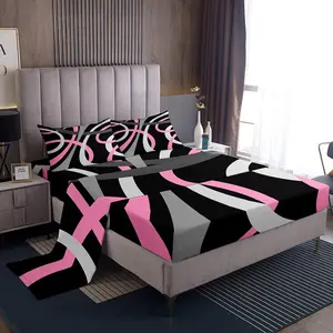 Feelyou Retro Circle Swirls Bedding Set - Pink Black Gray Geometric Circle Stripes with Deep-Pocket Fitted Sheet, Abstract Luxury Collection