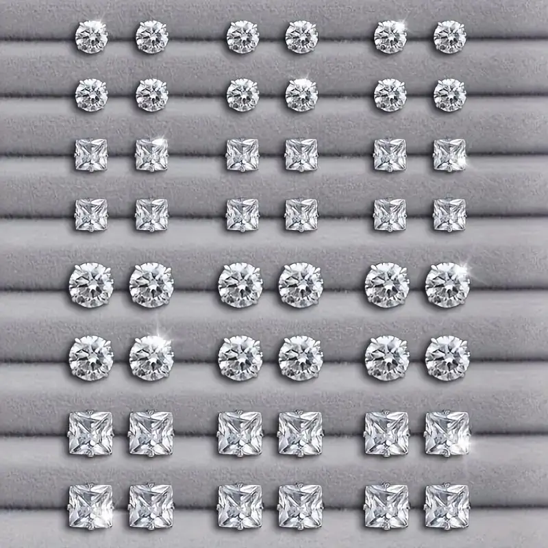 Sparkling Crystal Stud Earrings, 24-Pair Set with Round & Square Shapes, Elegant Jewelry for Weddings, Parties, Engagement & Anniversary Gifts