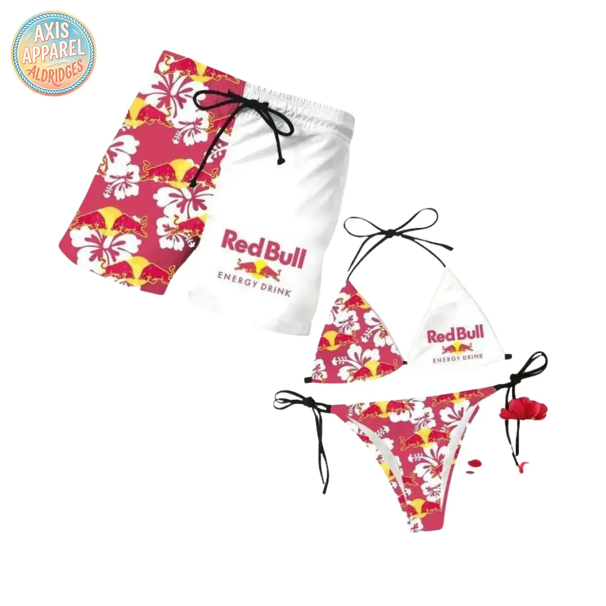 Hibiscus Floral Pink Energy Drink Matching Couple Bikini Set and Men's Swim Trunks Swimwear, Women String Halter Top Side Tie Bottom, Quick Dry Board Shorts, Full Print Beach Swimsuit, Summer Pool Party Outfit, Gift for Him Her