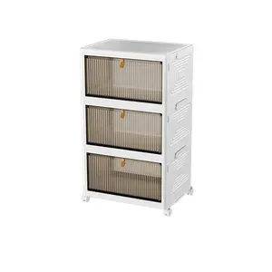 Stackable Plastic Durable Storage Cabinet, Foldable Shoe Rack Rolling Wardrobe Organizer Box with Cover and Locking Wheels, Home Living Room Office Dorm (3 Layers)