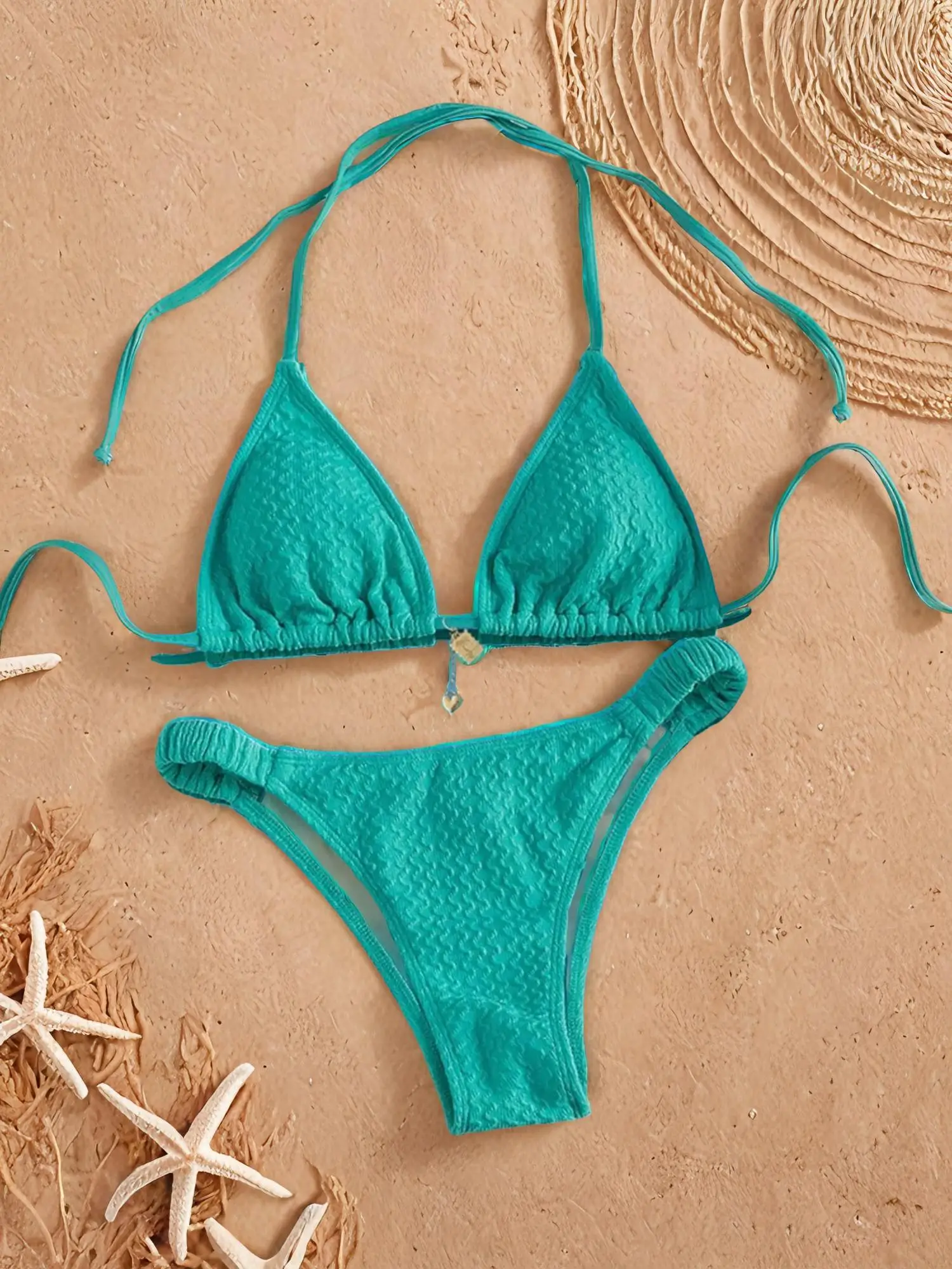 Two-Piece Set Women's Textured Bikini Set, Halter Triangle Swim Top & High Cut Swim Bottom Two Piece Swimsuit, Ladies Summer Swimwear, Beach Bikini Se