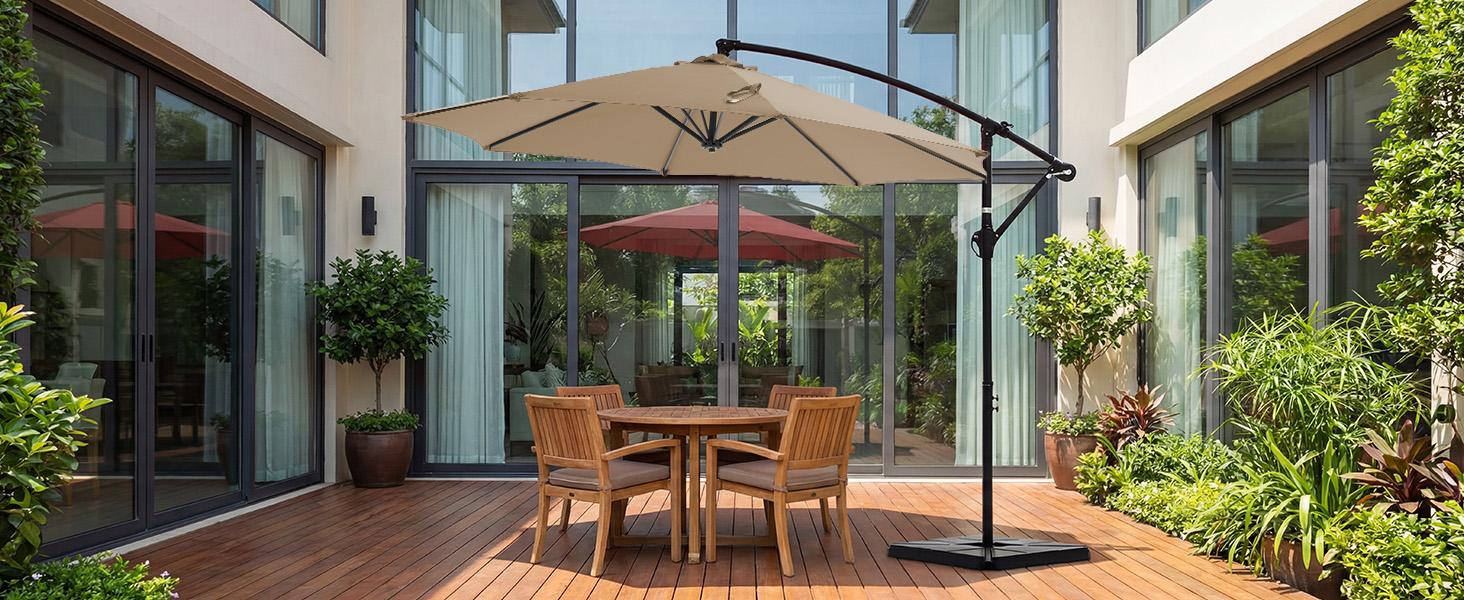 【With Base】10ft Offset Outdoor Patio Umbrella with Base, Easy Tilt & Crank, Adjustable Polyester Shade for Garden, Backyard, Poolside 【With Base】10ft Offset Outdoor Patio Umbrella with Base, Easy Tilt & Crank, Adjustable Polyester Shade for Garden, Backyard, Poolside