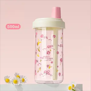 1Pc 500ML Printed Straw Water Bottle, Clear Portable Lightweight Reusable Drinking Cup with Lid, Perfect for Home, Office, School & Outdoor Use, Drinkware, Travel Water Bottle