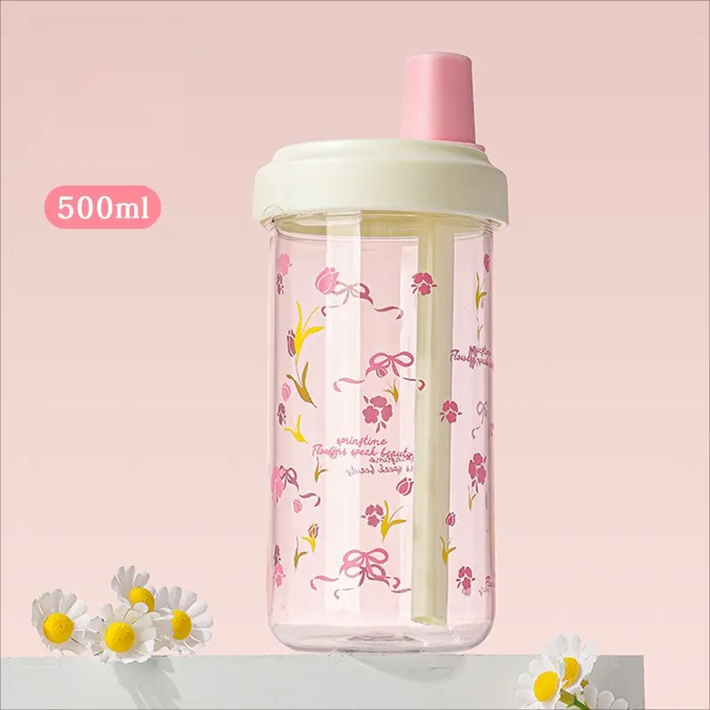 1Pc 500ML Printed Straw Water Bottle, Clear Portable Lightweight Reusable Drinking Cup with Lid, Perfect for Home, Office, School & Outdoor Use, Drinkware, Traveler Water Bottle, Travel Water Bottle, Portable Sports Bottle