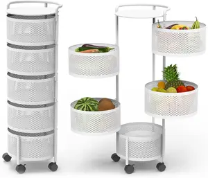 Rotating Fruit Basket, 5-Tier Metal Sturdy Kitchen Storage Rack Shelf Carts No Assembly on Rolling Wheels for Fruit Vegetable Grocery Corns Potato Onion (White, 5-Tier)