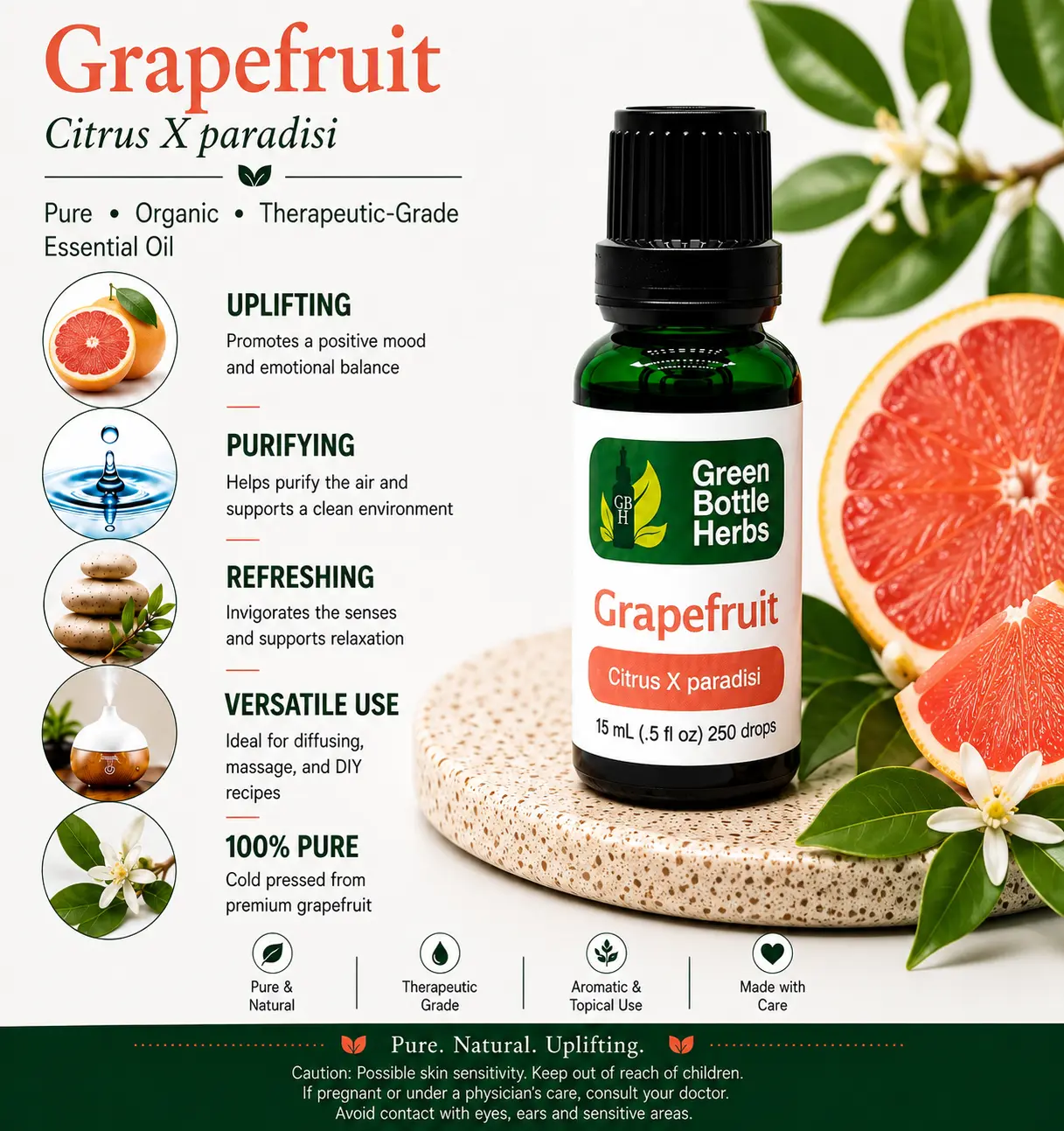 Pink Grapefruit Essential Oil, Health-Focused for Aromatherapy, Brightening, Stress Relief, Detoxifying Uses, Pure Organic, Citrus