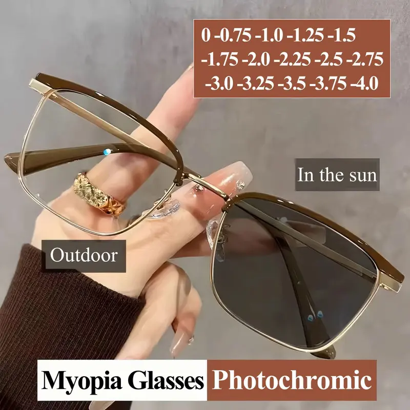 【2025 New】Metal Frame Photochromic Myopia Glasses Anti-Blue Light/UV400/Transitions Lenses Prescription Eyeglasses for Men Women