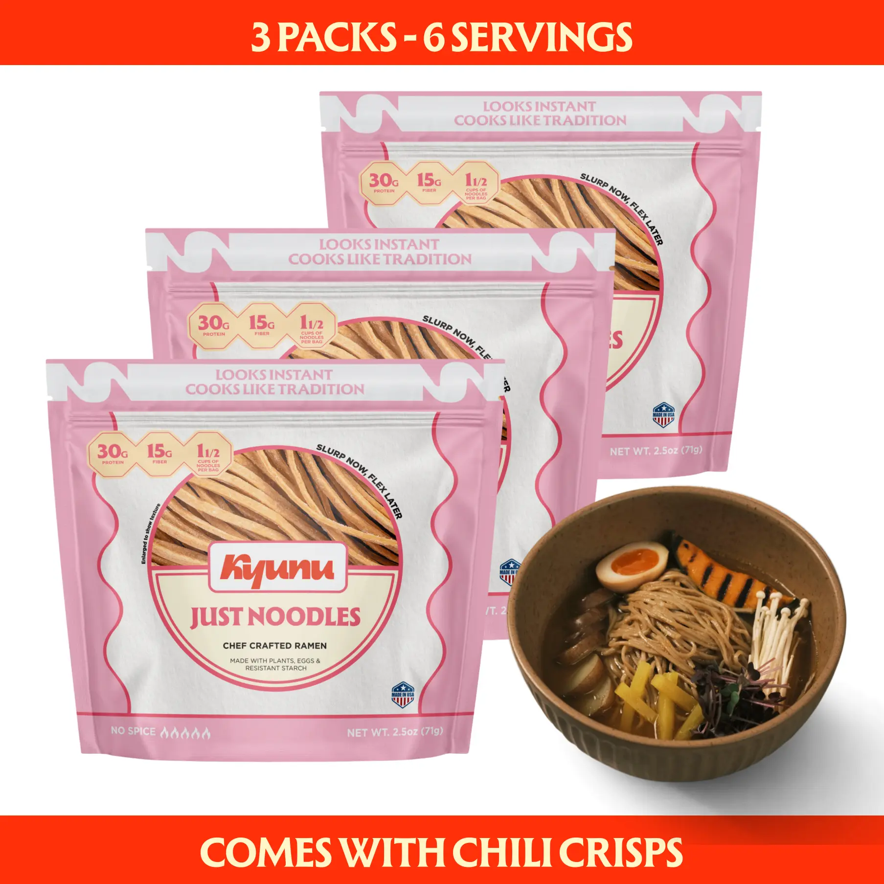 KYUNU Chuka Soba Style Air Dried Ramen Noodles, Just Noodles 3-Pack, 30g Protein & 15g Fiber, Chinese Egg Noodles, Lo Mein Noodles, Lower Carb Noodle