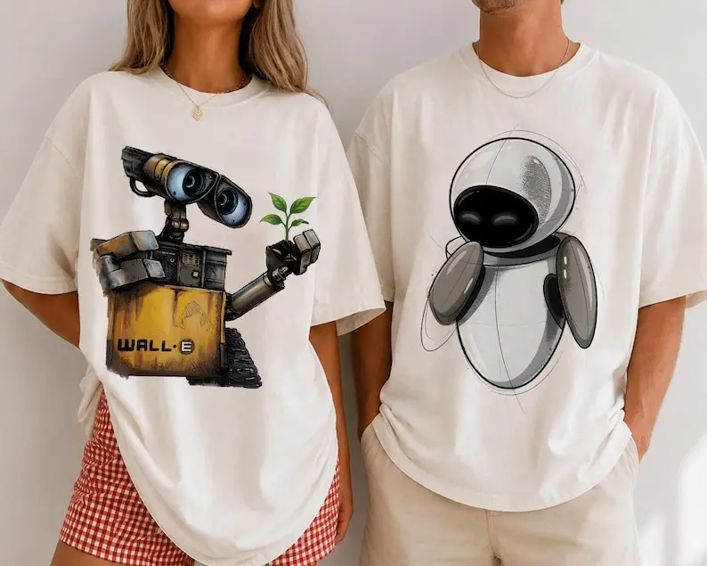Cute Robot Couple Sketch Graphic Tee, Matching Couple Shirt, Romantic Cartoon Inspired T-Shirt, Family Vacation Outfit, Unisex Casual Tee
