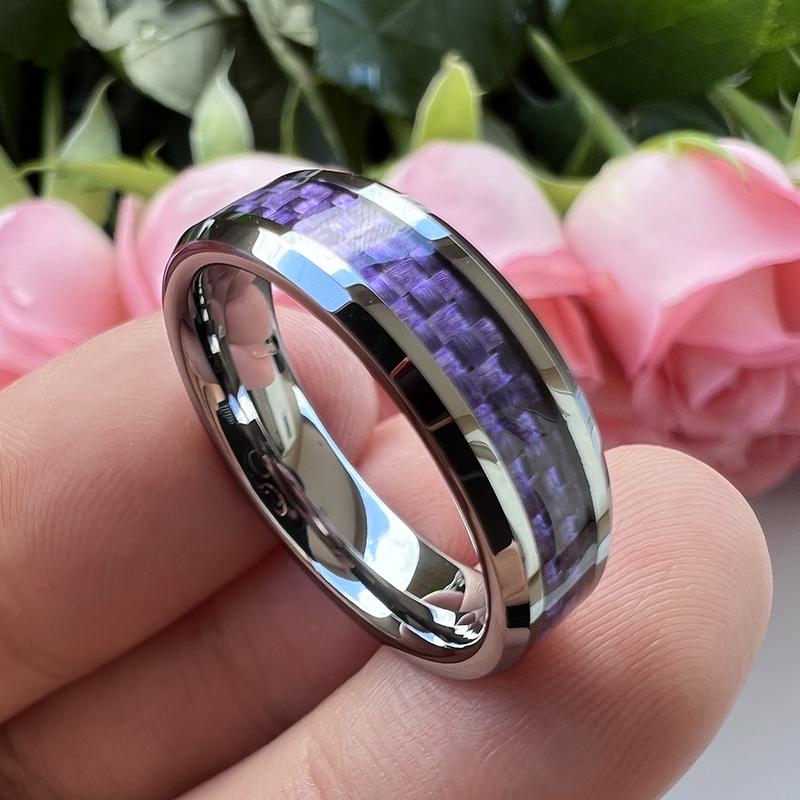 Men's Purple Carbon Fiber Inlay Tungsten Carbide Ring 8mm - Yonifu Scratch Proof Comfort Fit Durable Black Wedding Band Gift for Him