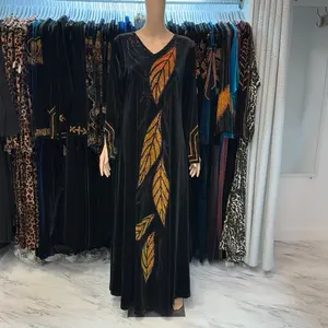 black velvet leaf rhinestone design dress with pockets